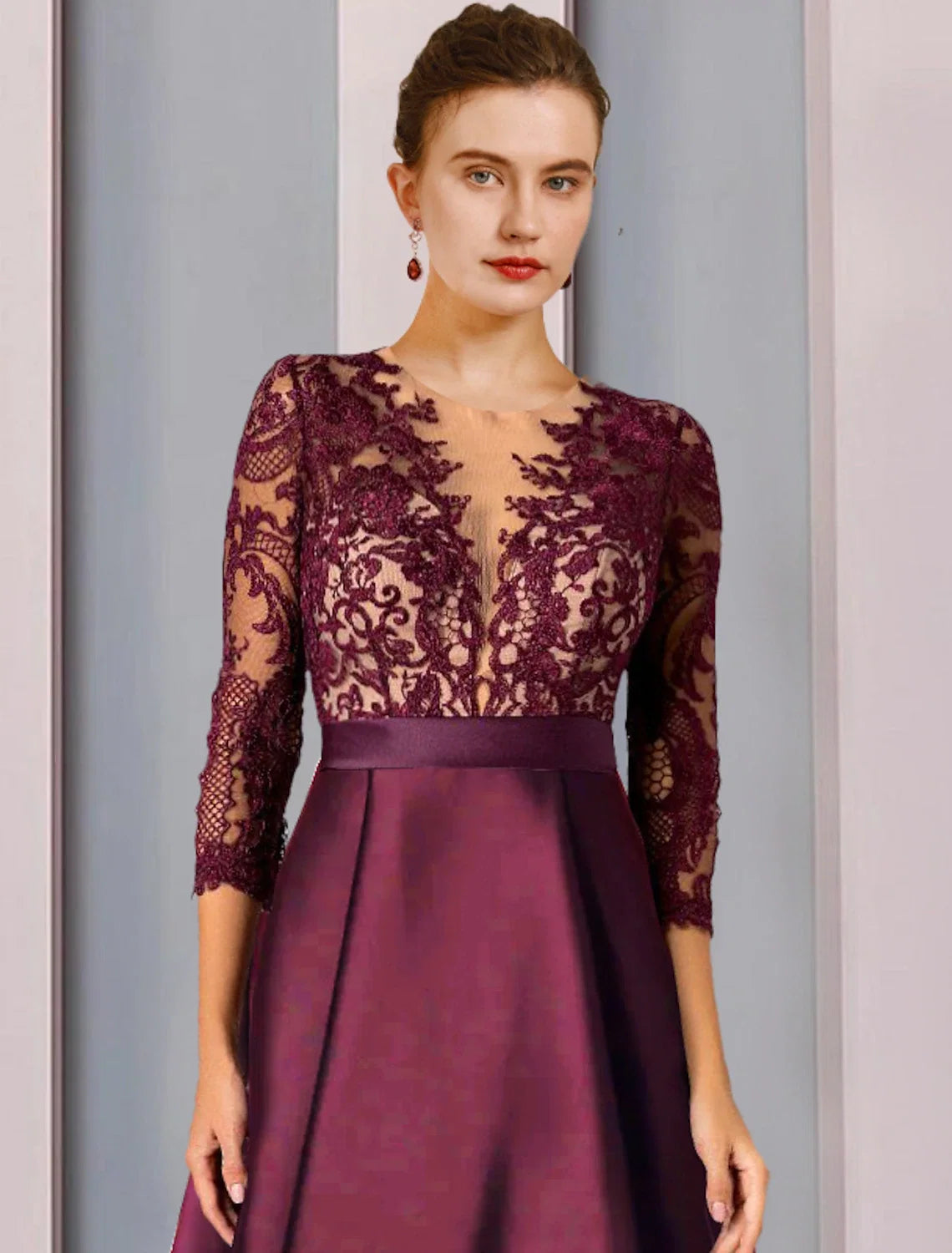 A-Line High Neck Satin Three-Quarter Sleeve Asymmetric Tea-Length Formal Dress - Chloe Dress
