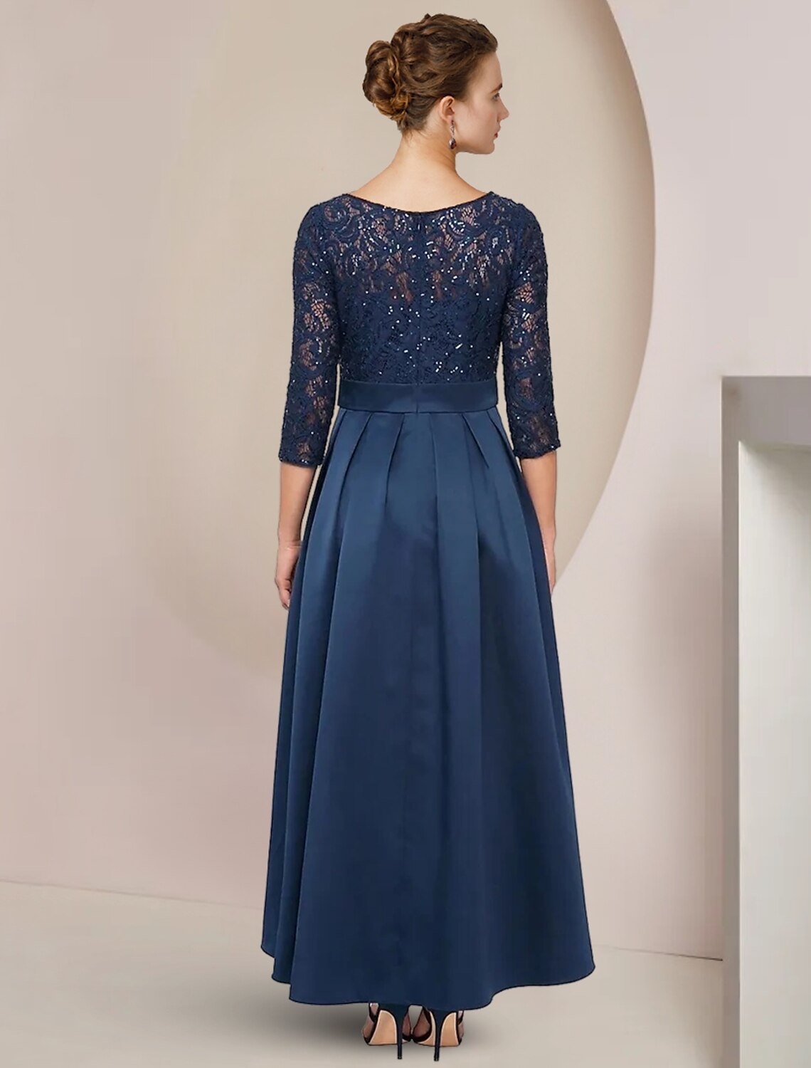 A-Line High Neck Lace Three-Quarter Sleeve Pleated Tea-Length Wedding Dress - Chloe Dress