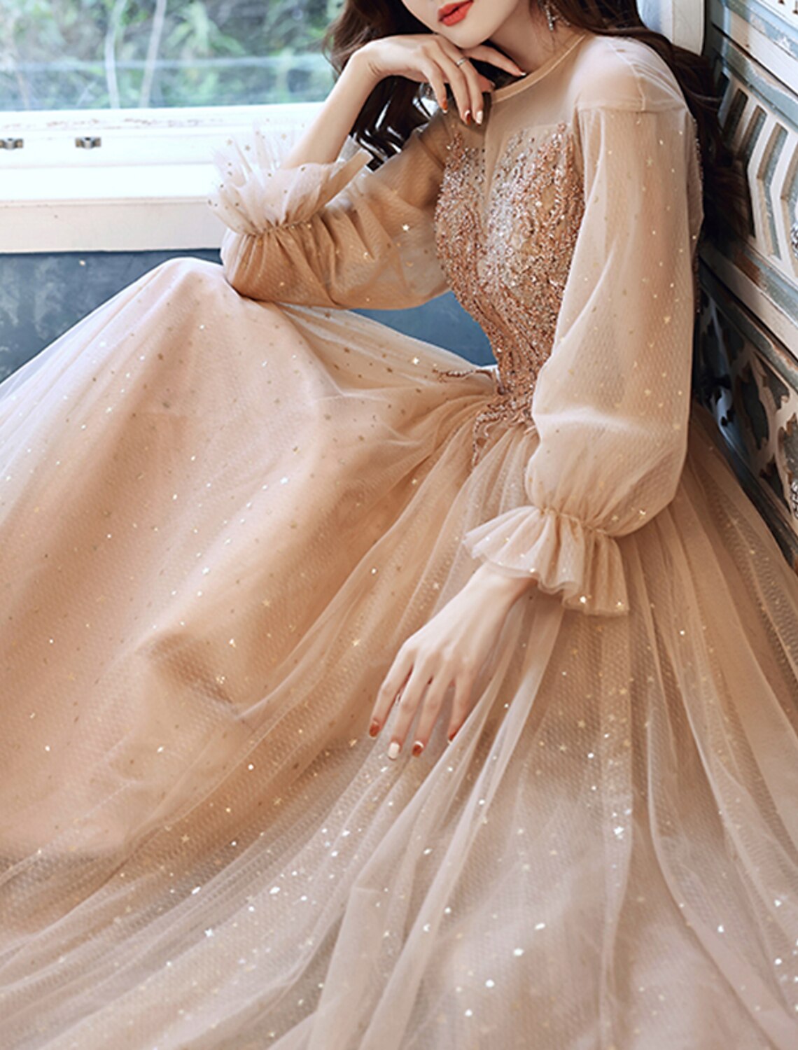 A-Line Lace Long Sleeve Applique Floor-Length Prom Dress - Chloe Dress