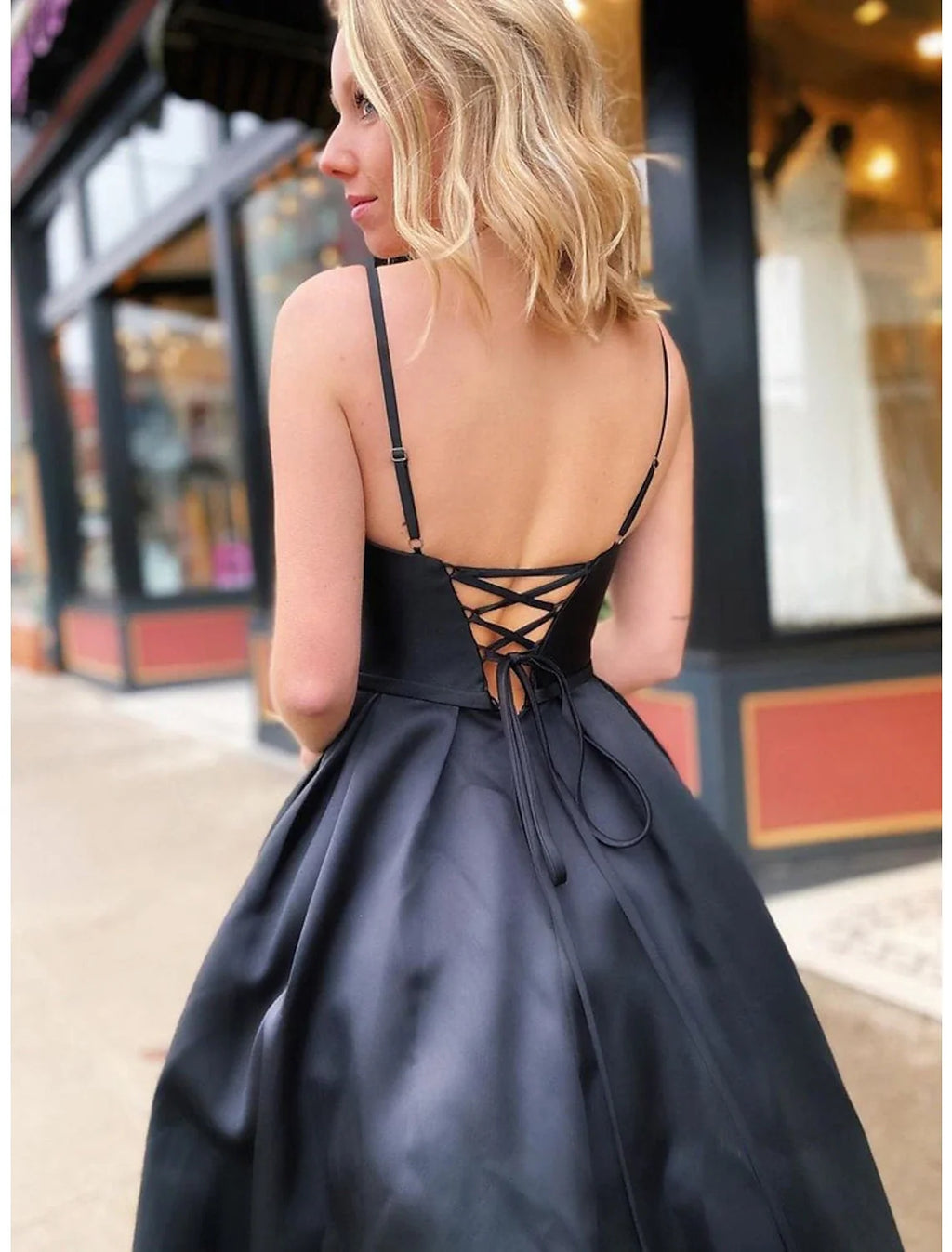 A-Line V-Neck Satin Sleeveless Open Back Pleated Floor-Length Prom Dress - Chloe Dress