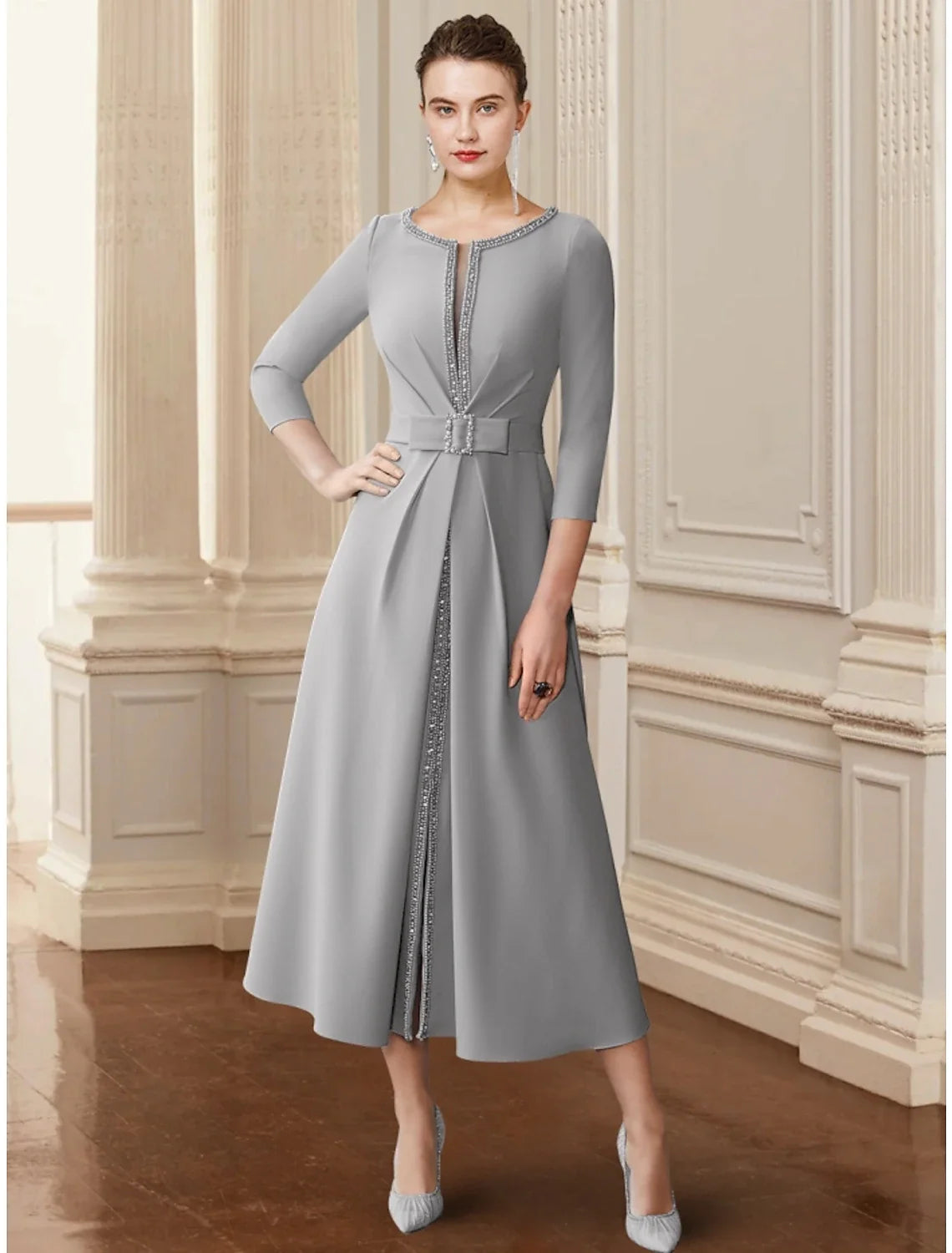 A-Line Chiffon Three-Quarter Sleeve Tea-Length Wedding Dress - Chloe Dress