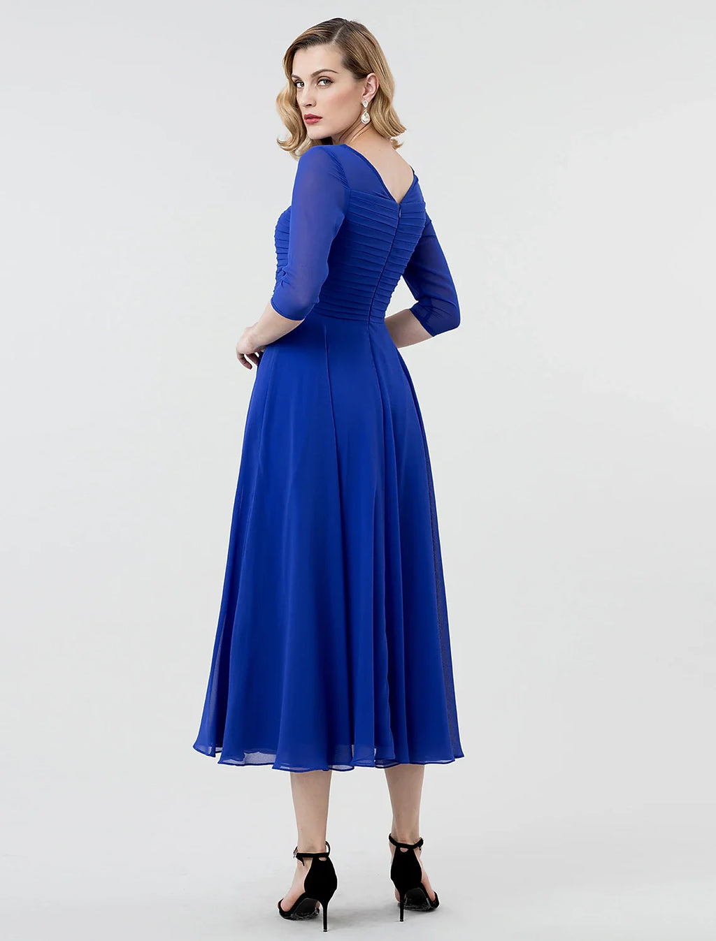 A-Line Illusion Three-Quarter Sleeve Tea-Length Evening Dress - Chloe Dress