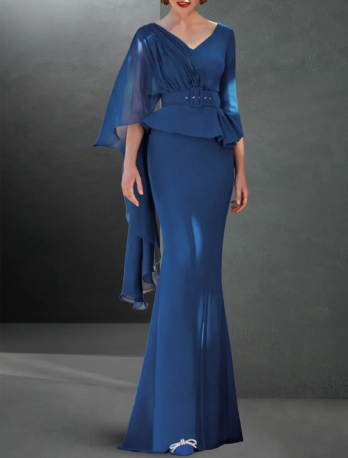 Mermaid V-Neck Chiffon Three-Quarter Sleeve Button Back Train Evening Gown - Chloe Dress