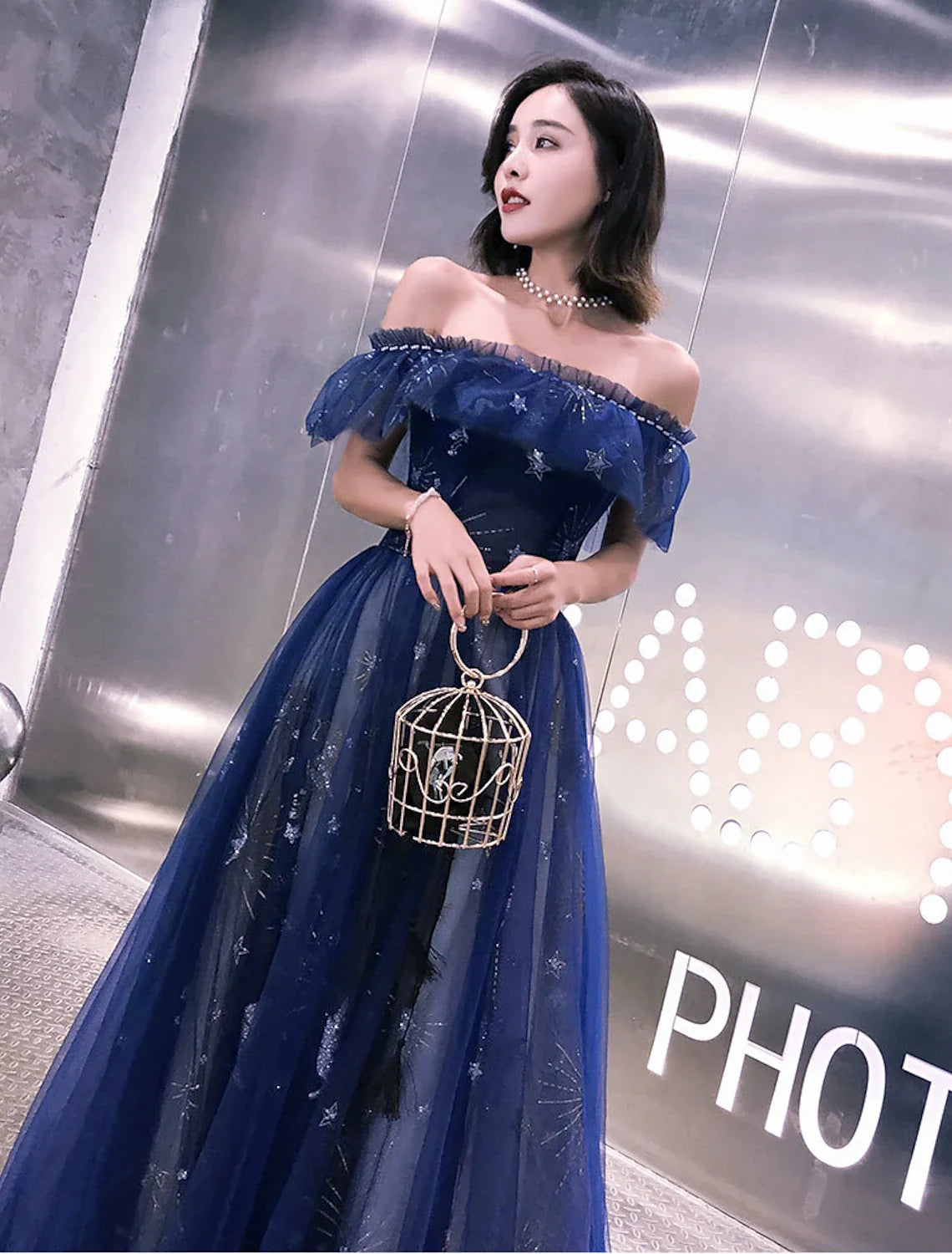 A-Line Off-Shoulder Tulle Short Sleeve Tiered Floor-Length Prom Dress - Chloe Dress