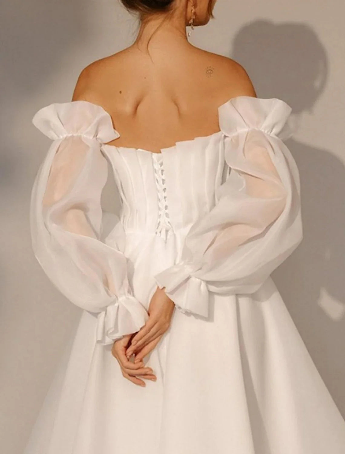 White A-Line Square Neck Organza Long Sleeve Pleated Ankle-Length Wedding Gown - Chloe Dress