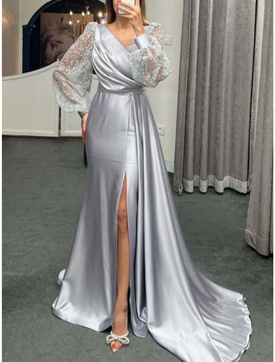 Green A-Line V-Neck Satin Long Sleeve High Slit Evening Gown - Chloe Dress