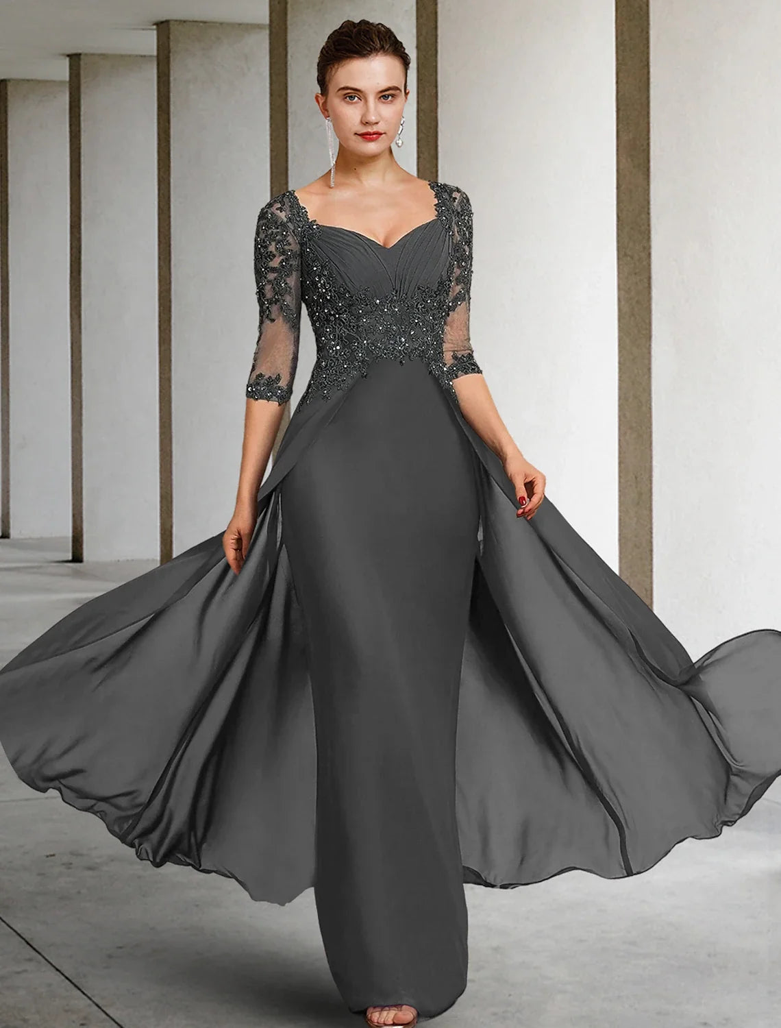 Sheath Square Neck Chiffon Three-Quarter Sleeve Applique Floor-Length Wedding Dress - Chloe Dress