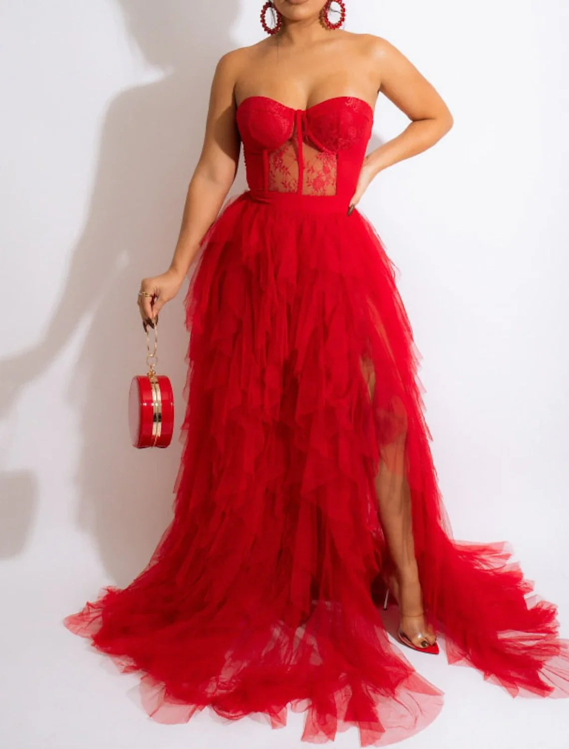 A-Line Strapless Tulle Sleeveless Lace-Up Back High Slit Evening Gown - Chloe Dress