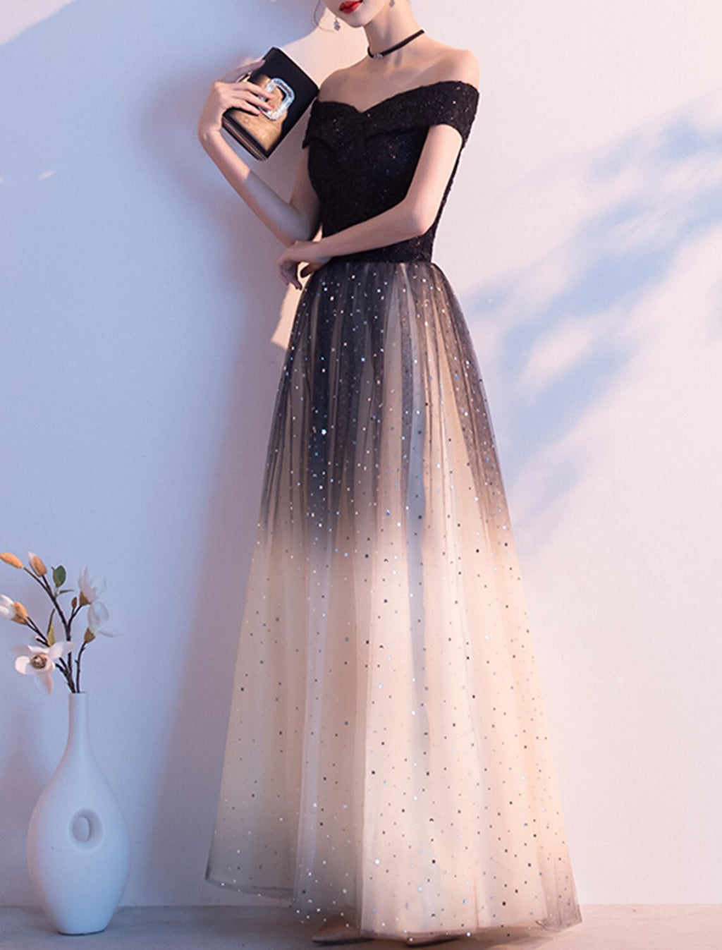 A-Line Off-Shoulder Tulle Short Sleeve Floor-Length Evening Gown - Chloe Dress