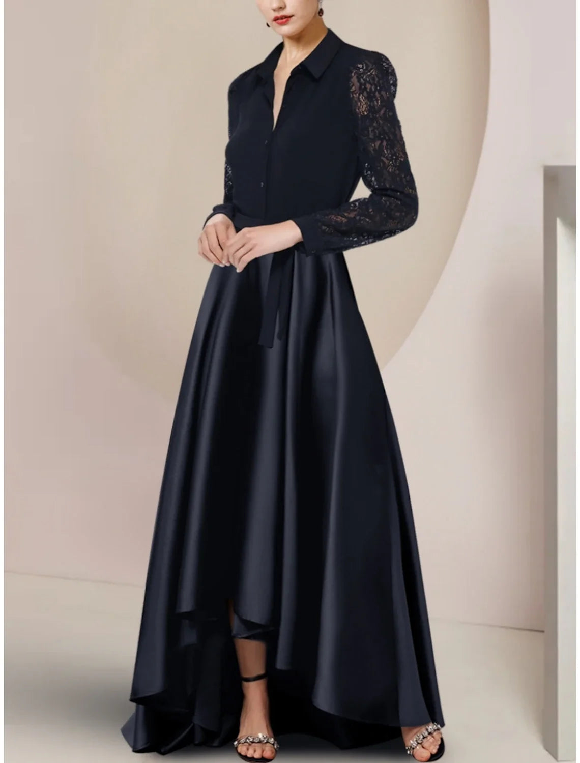 A-Line Satin Long Sleeve Asymmetric Floor-Length Wedding Dress - Chloe Dress