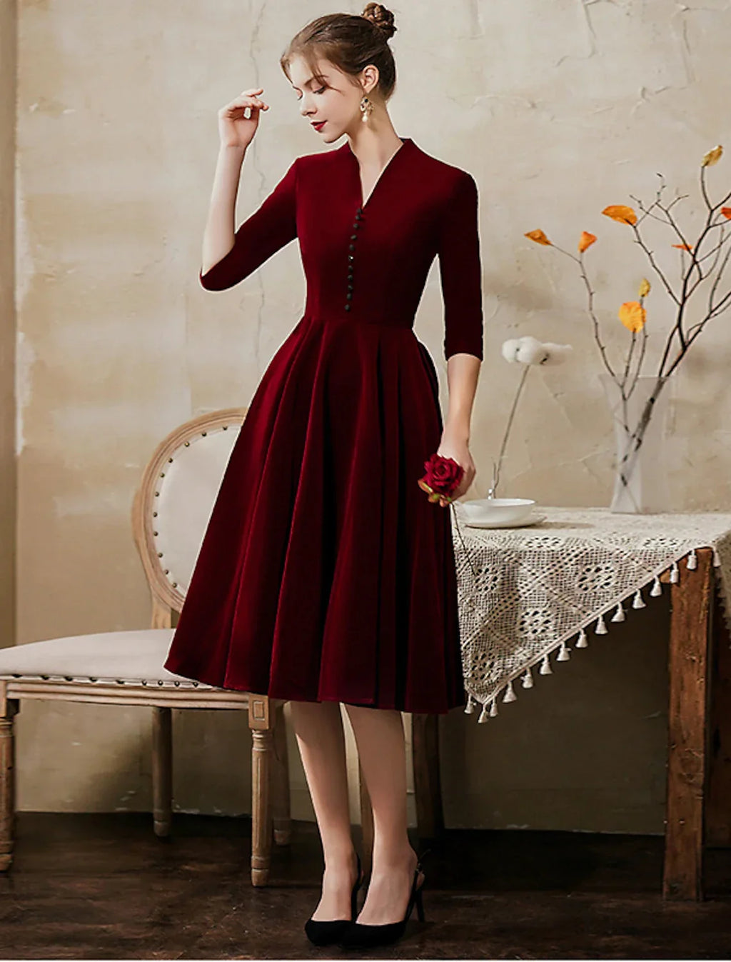 A-Line V-Neck Velvet Mini Cocktail Dress - Chloe Dress