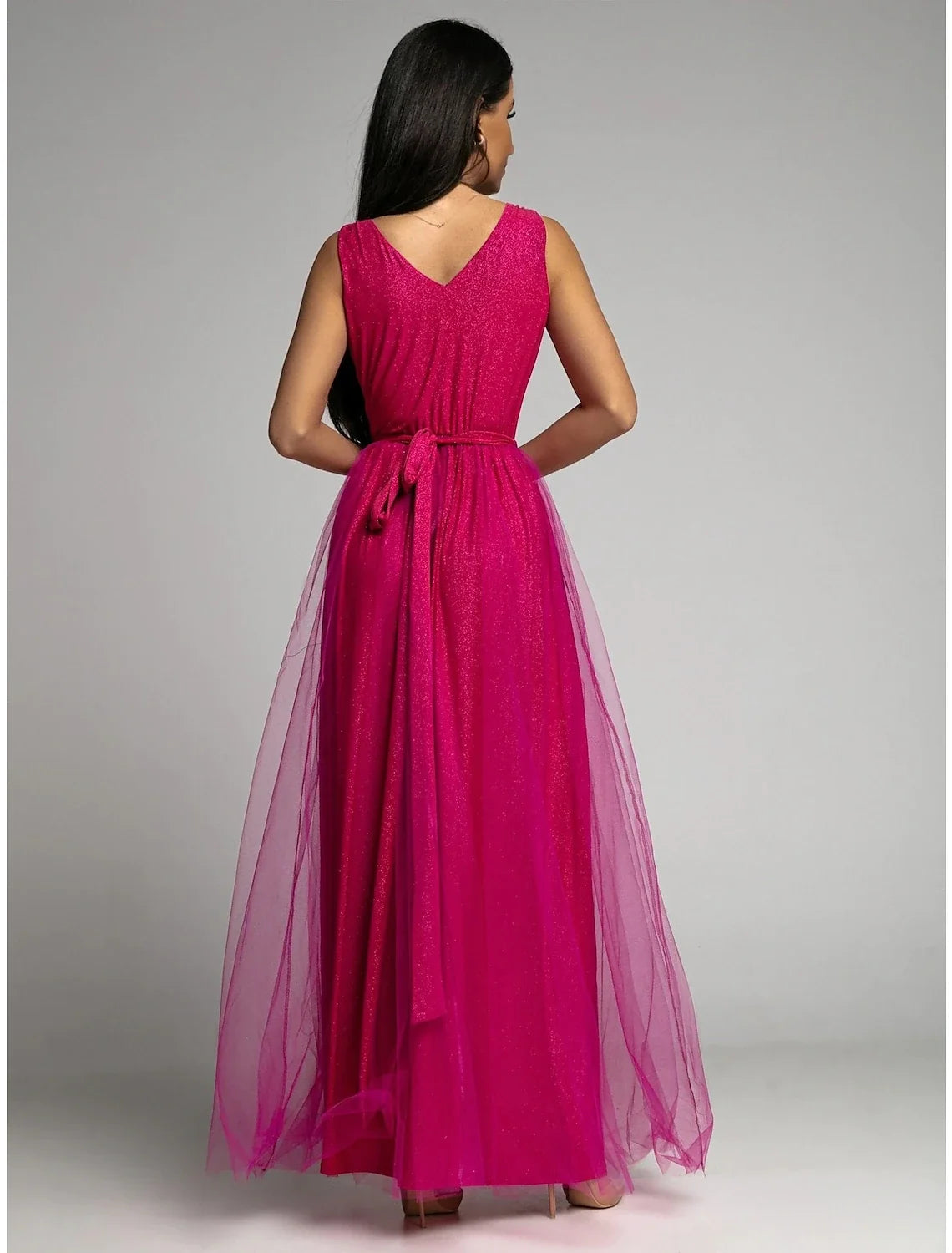 A-Line V-Neck Polyester Sleeveless High Slit Floor-Length Prom Dress - Chloe Dress