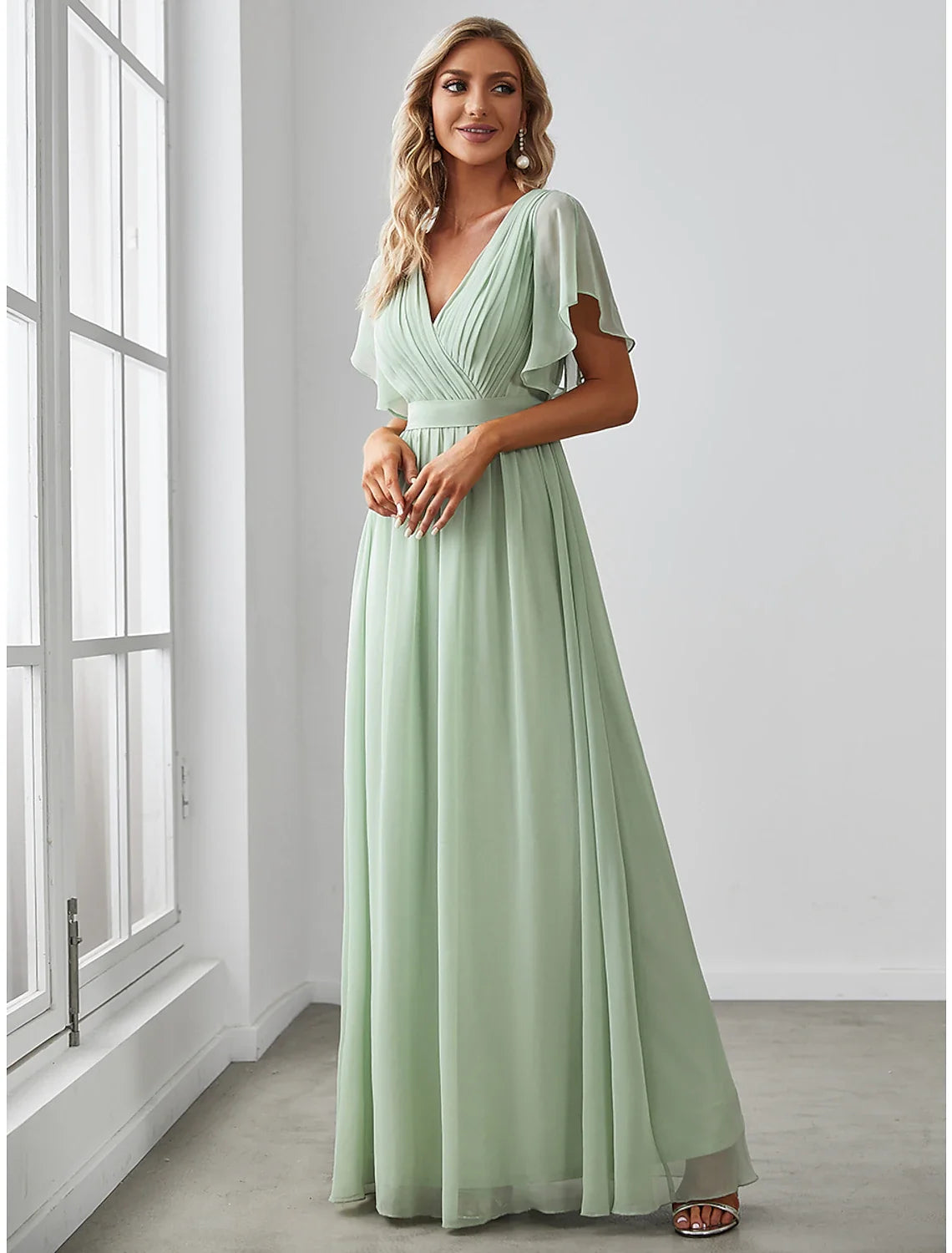 A-Line V-Neck Chiffon Short Sleeve Ruffled Mini Wedding Dress - Chloe Dress