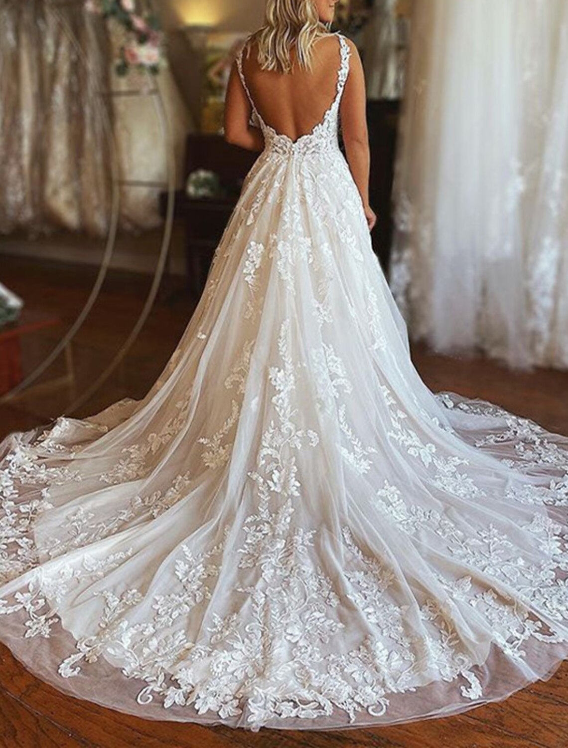 A-Line V-Neck Lace Sleeveless Train Wedding Gown - Chloe Dress