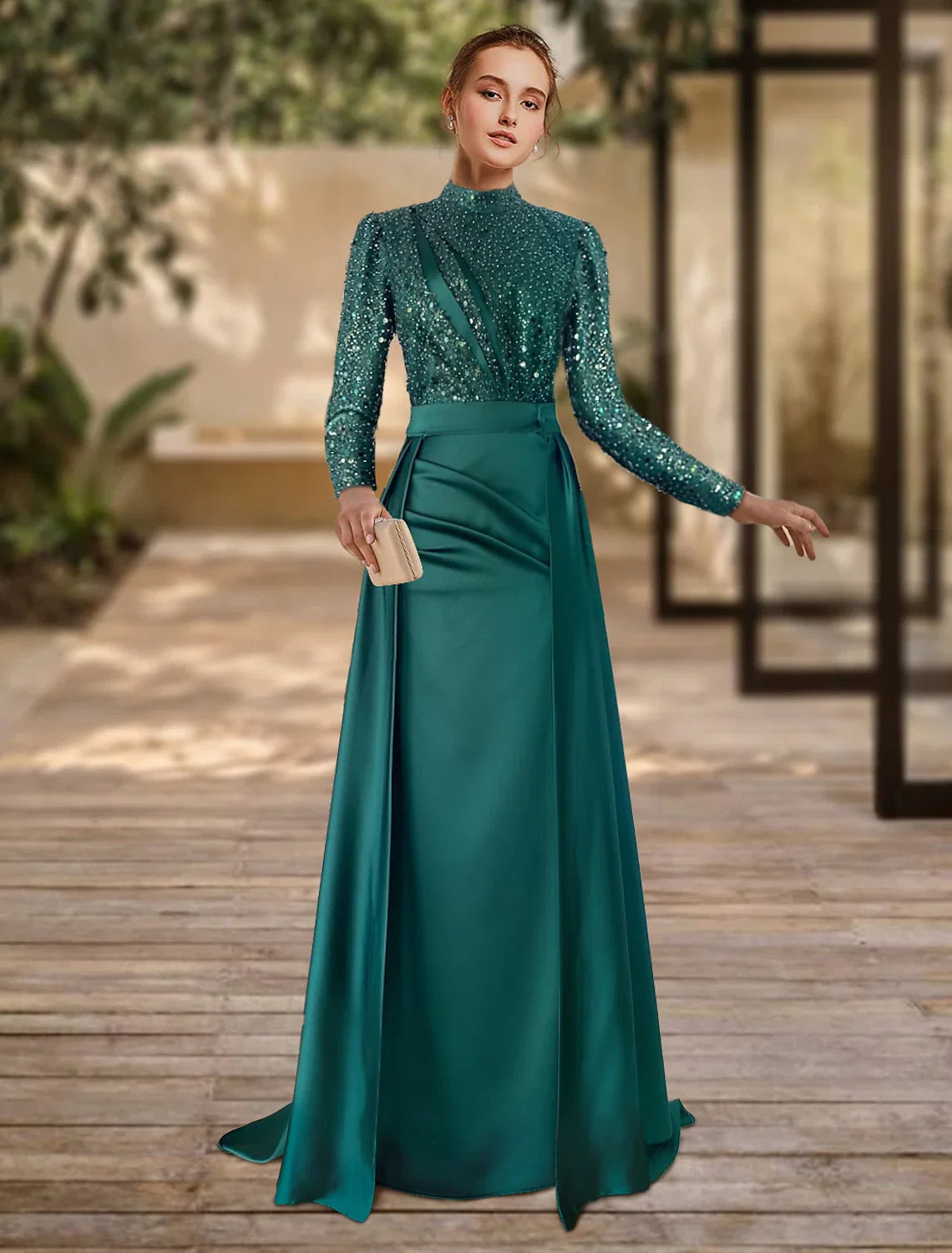 Green Sheath Satin Long Sleeve Pleated Evening Gown - Chloe Dress