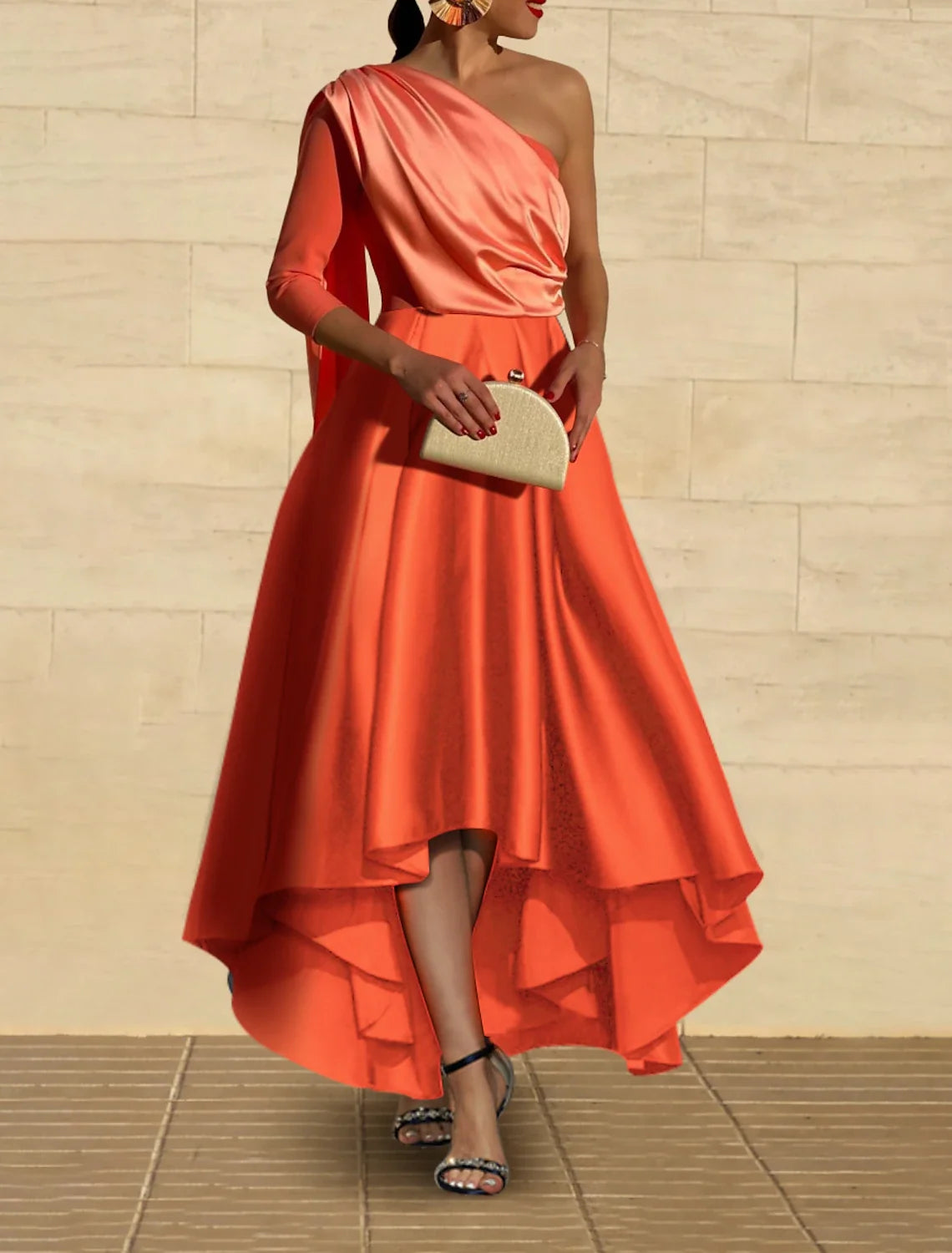 A-Line One-Shoulder Satin Three-Quarter Sleeve Tea-Length Evening Gown - Chloe Dress