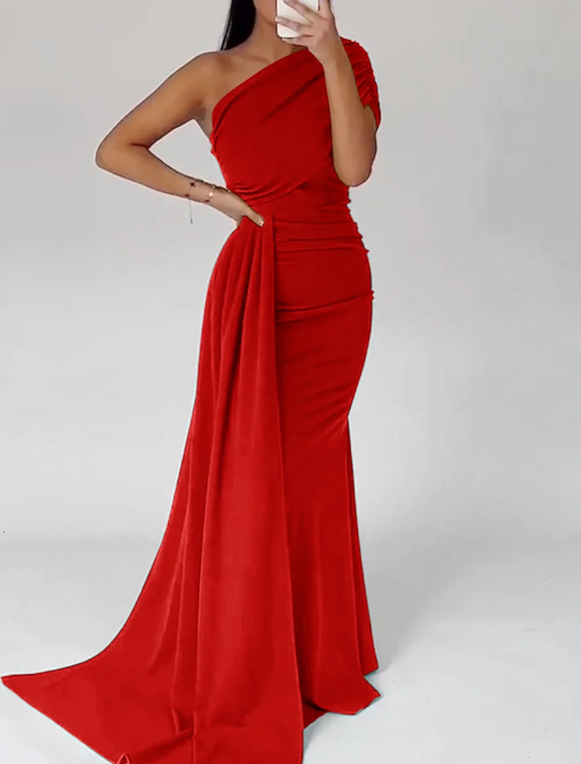 Green Mermaid One-Shoulder Satin Short Sleeve Pleated Mini Evening Gown - Chloe Dress