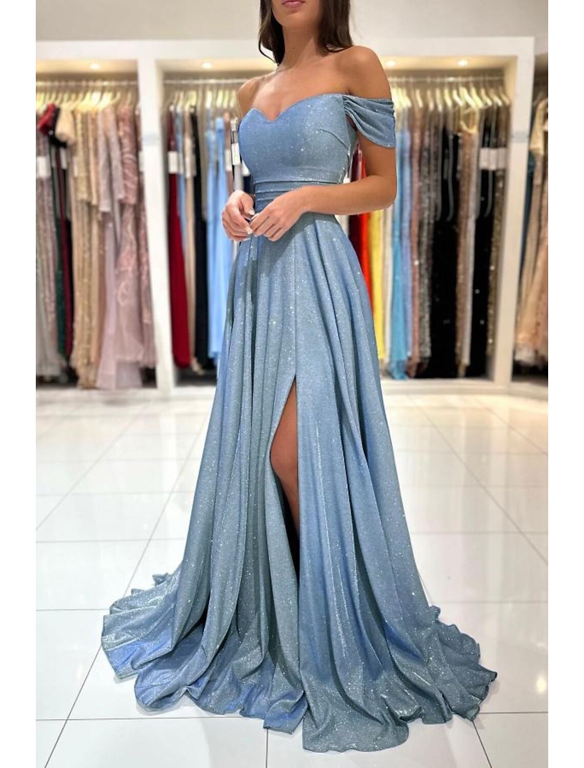 A-Line Off-Shoulder Sequin Sleeveless High Slit Evening Gown - Chloe Dress