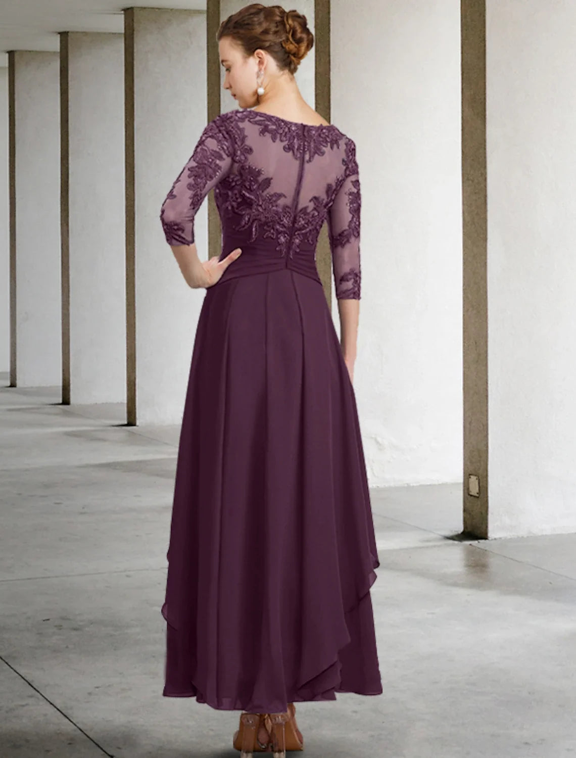 A-Line Chiffon Three-Quarter Sleeve Applique Ankle-Length Wedding Dress - Chloe Dress