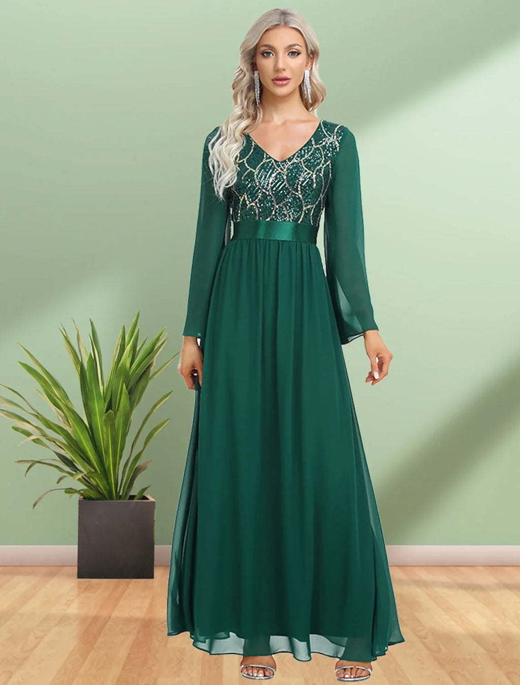 A-Line V-Neck Chiffon Long Sleeve Floor-Length Evening Gown - Chloe Dress