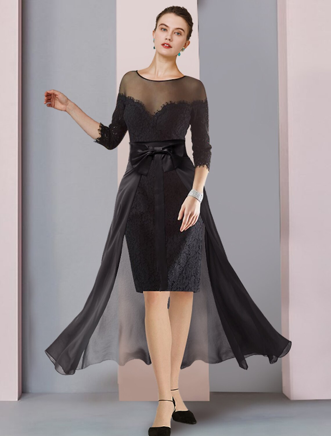 Sheath Chiffon Three-Quarter Sleeve Applique Knee-Length Wedding Dress - Chloe Dress