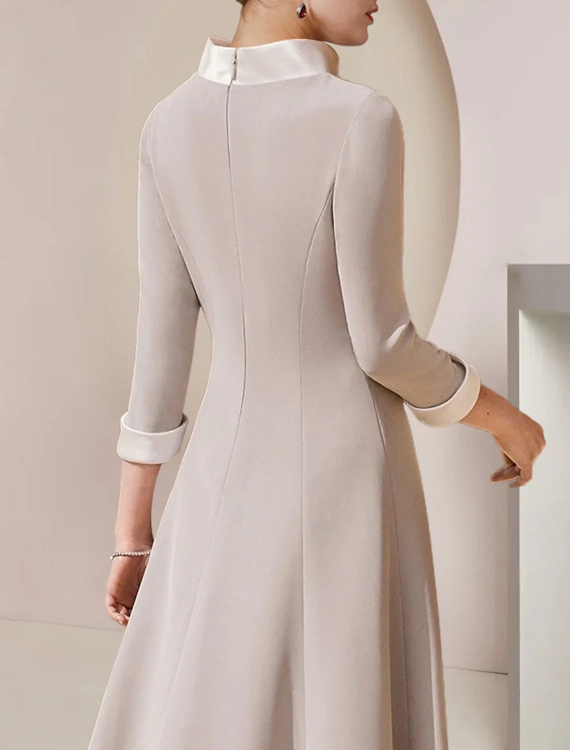 A-Line High Neck Satin Three-Quarter Sleeve Asymmetric Tea-Length Wedding Dress - Chloe Dress