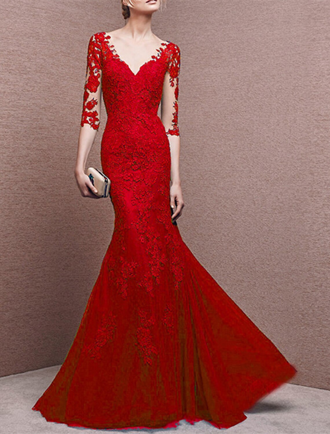 Mermaid V-Neck Tulle Button Back Applique Floor-Length Evening Gown - Chloe Dress