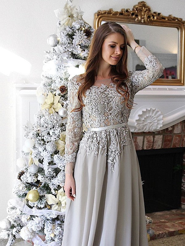 A-Line Chiffon Long Sleeve Train Tea-Length Dress - Chloe Dress