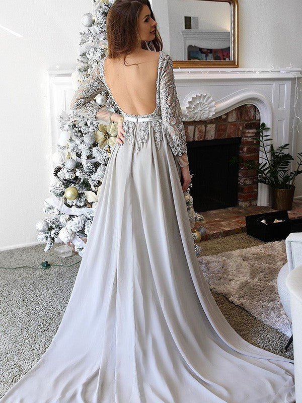 A-Line Chiffon Long Sleeve Train Tea-Length Dress - Chloe Dress