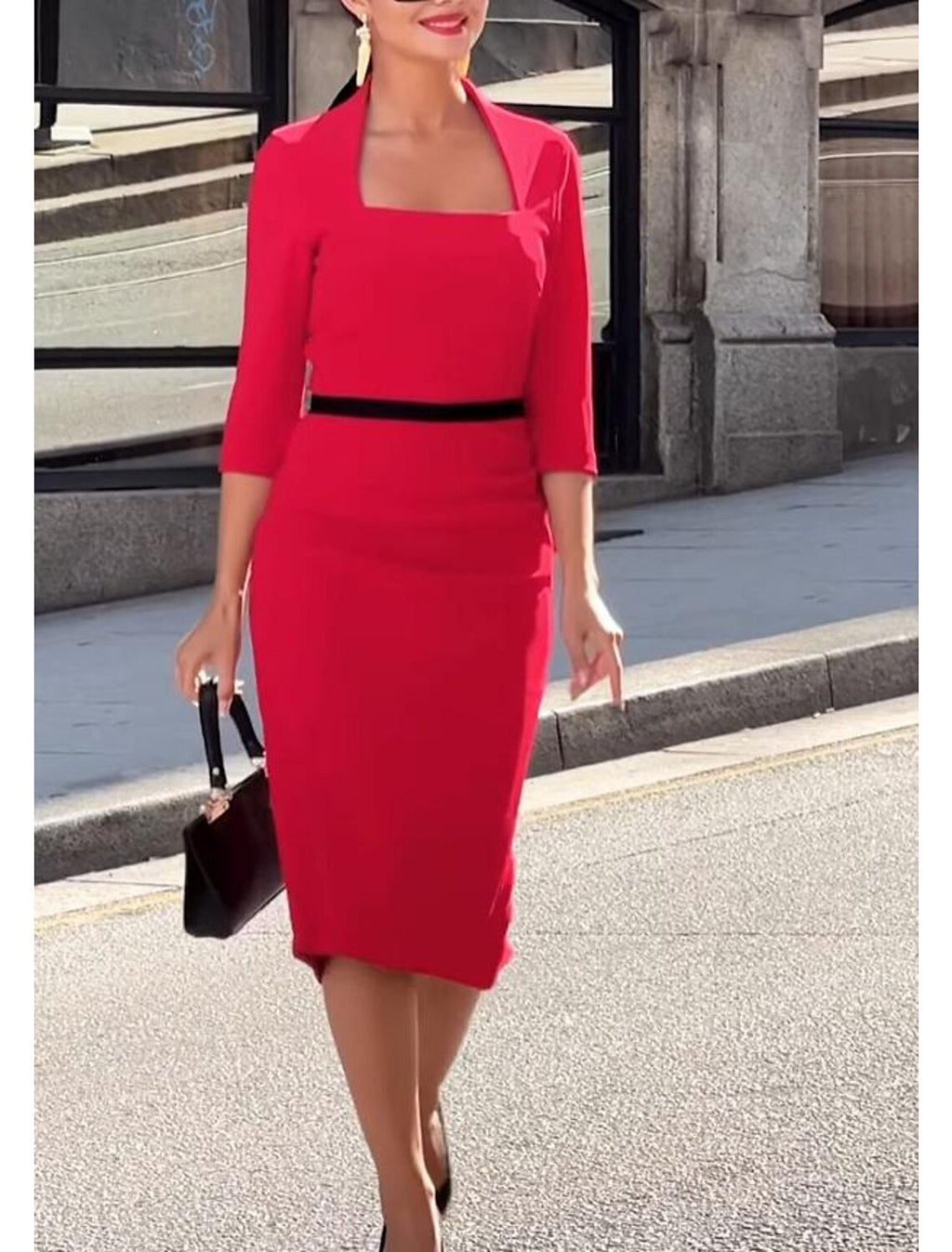 Sheath Square Neck Three-Quarter Sleeve Tea-Length Evening Dress - Chloe Dress