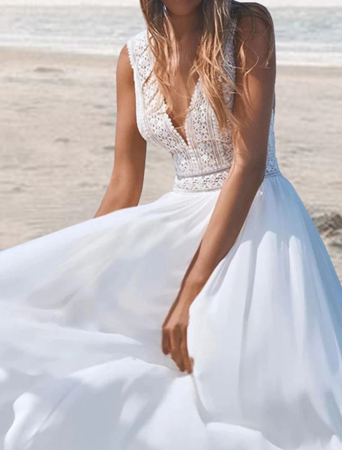 A-Line V-Neck Chiffon Sleeveless Open Back Floor-Length Wedding Gown - Chloe Dress