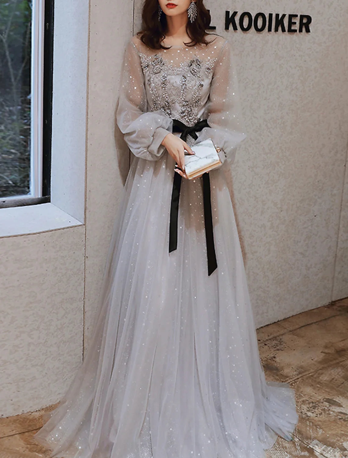A-Line Tulle Long Sleeve Train Prom Dress - Chloe Dress