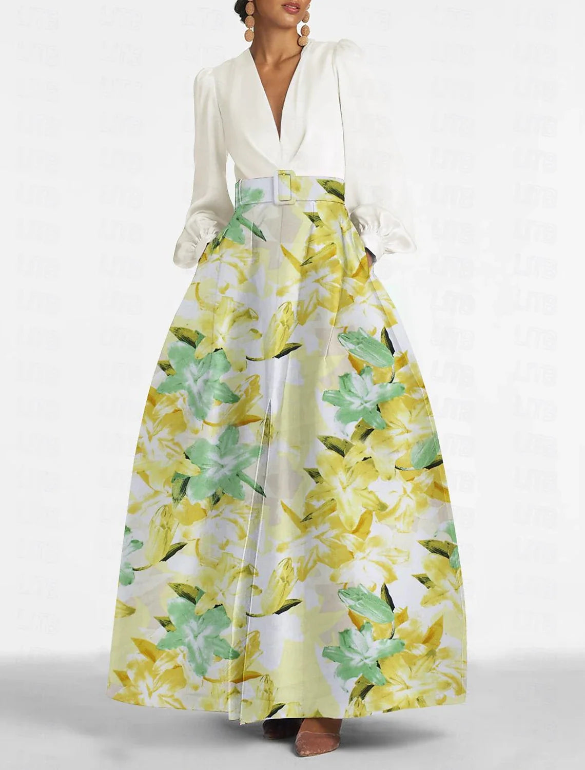 A-Line V-Neck Satin Long Sleeve High Slit Floor-Length Evening Gown - Chloe Dress