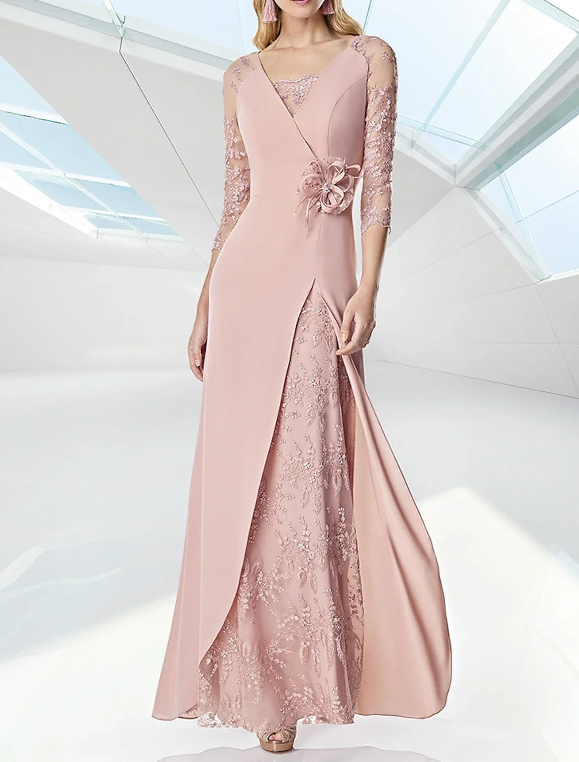 A-Line V-Neck Chiffon Three-Quarter Sleeve Floor-Length Evening Gown - Chloe Dress