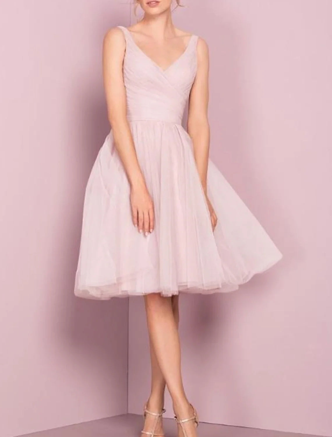 A-Line V-Neck Tulle Sleeveless Pleated Knee-Length Wedding Dress - Chloe Dress