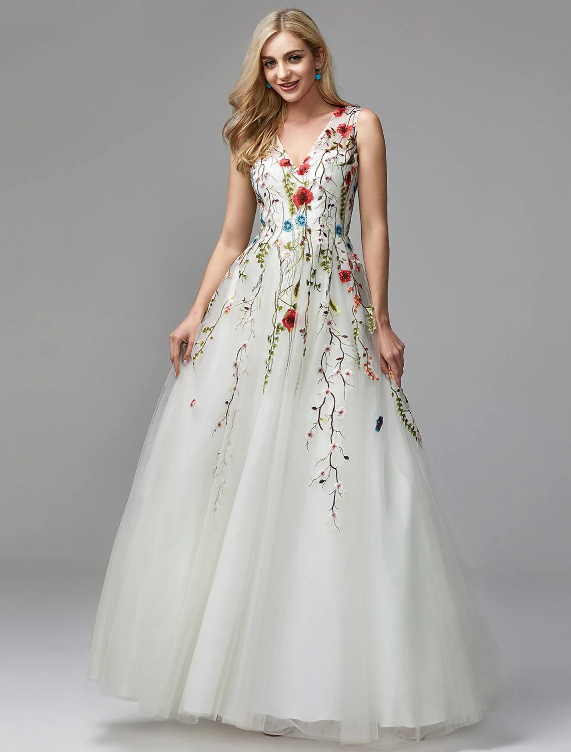 A-Line V-Neck Lace Sleeveless Applique Floor-Length Homecoming Dress - Chloe Dress