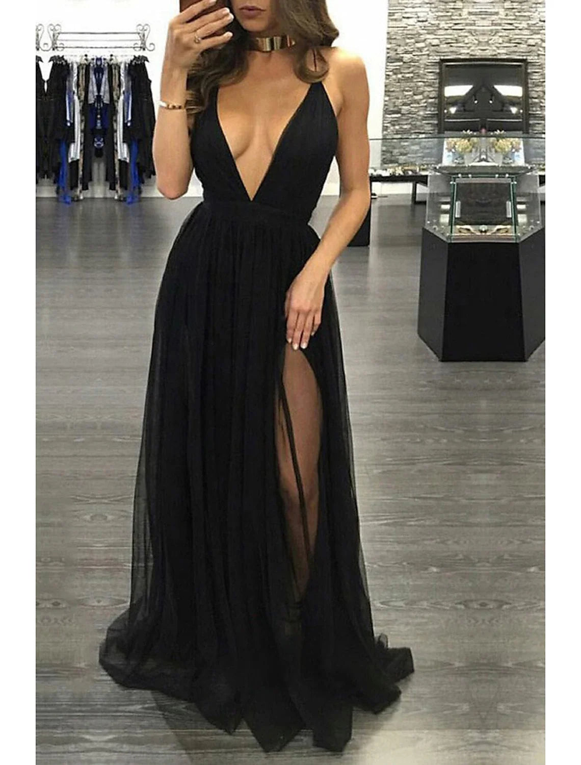 A-Line V-Neck Chiffon Sleeveless Open Back High Slit Floor-Length Prom Dress - Chloe Dress