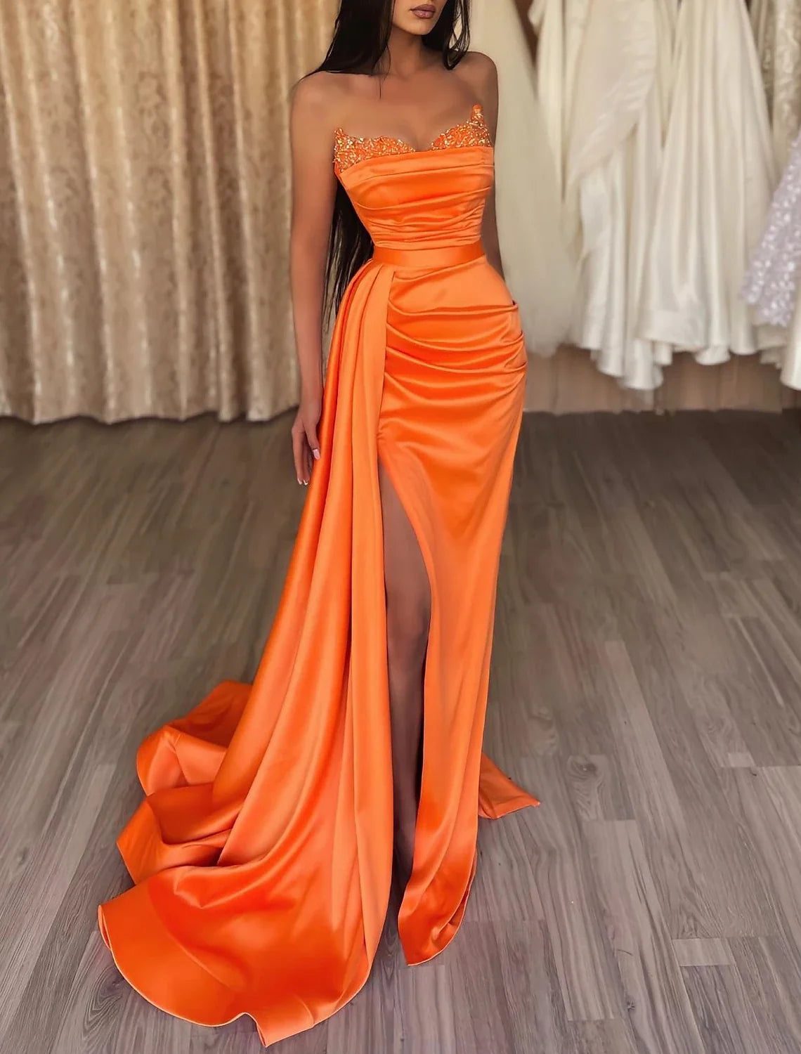 Mermaid Strapless Satin Sleeveless Train Evening Gown - Chloe Dress