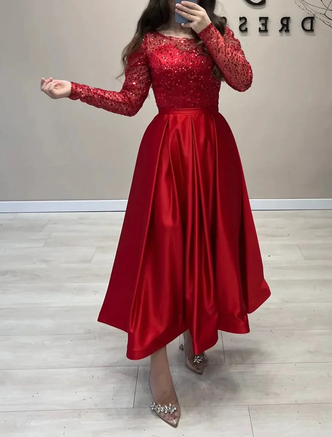 A-Line Satin Long Sleeve Ankle-Length Evening Gown - Chloe Dress