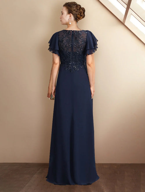 A-Line Chiffon Short Sleeve Applique Floor-Length Dress - Chloe Dress