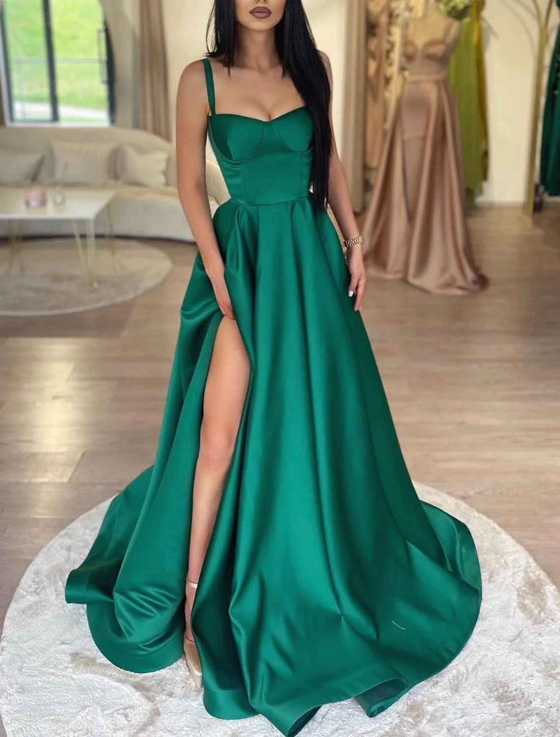 A-Line High Neck Satin Sleeveless High Slit Floor-Length Prom Dress - Chloe Dress