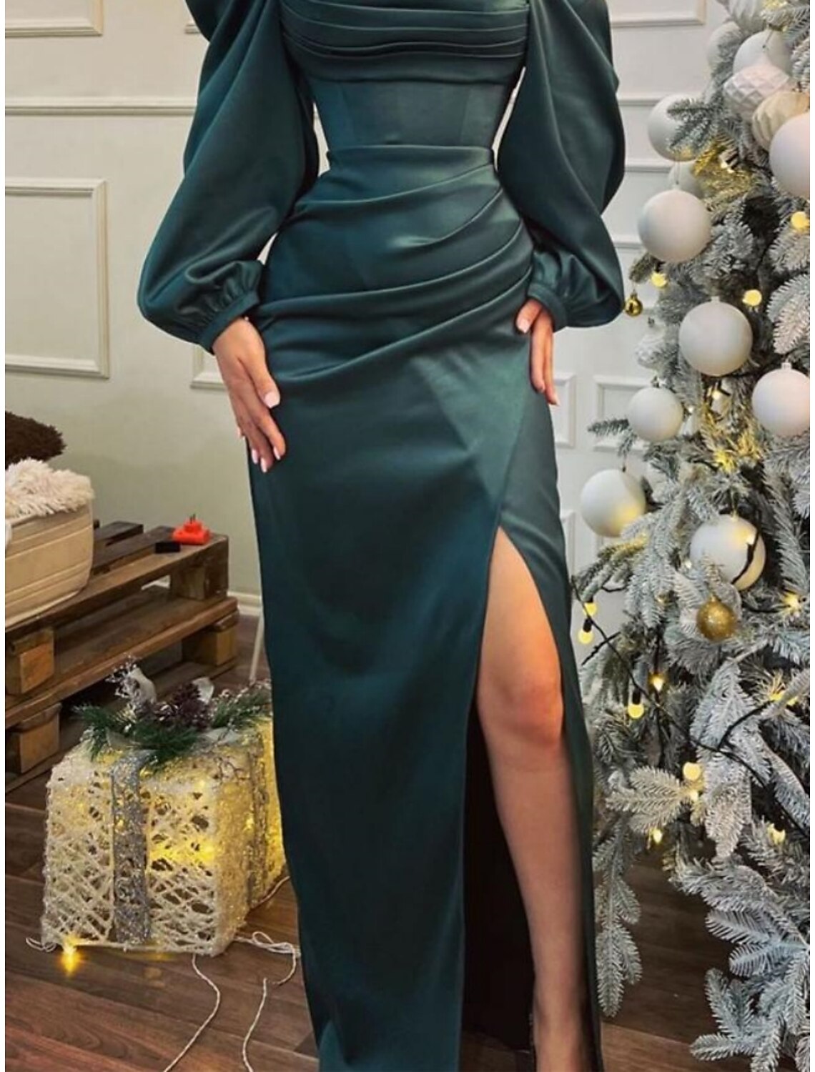Green Sheath Off-Shoulder Satin Long Sleeve High Slit Evening Gown - Chloe Dress