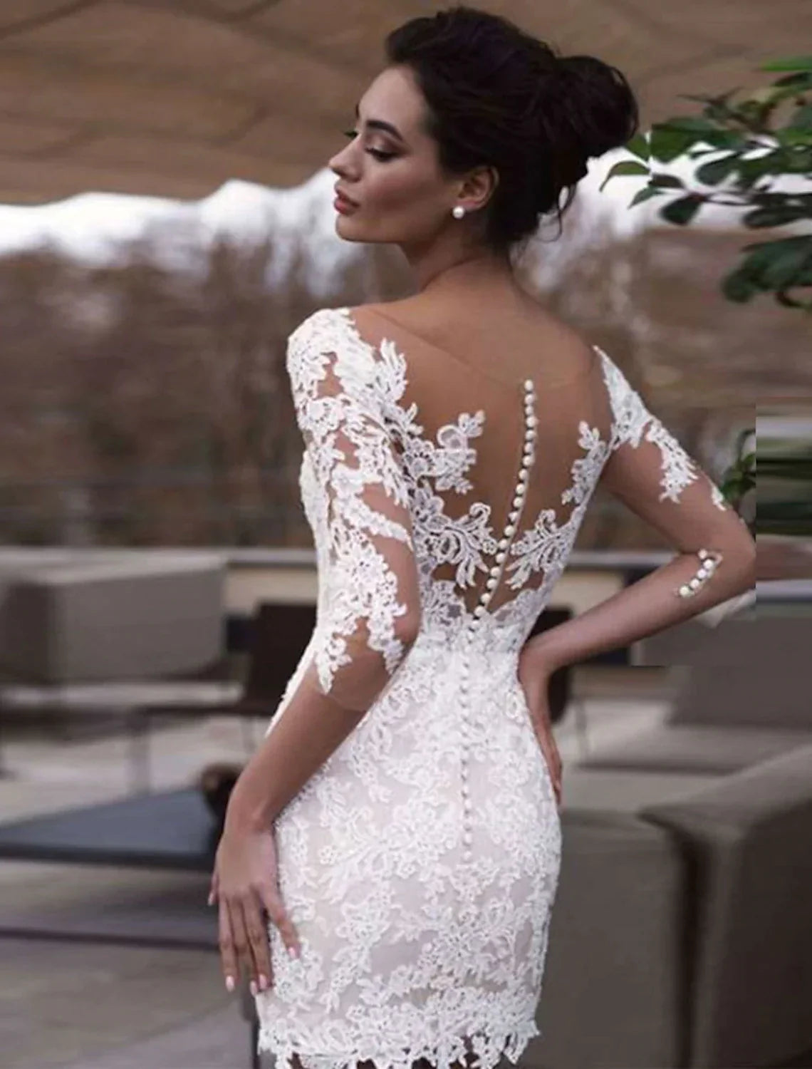 White Sheath Illusion Lace Applique Mini Wedding Gown - Chloe Dress