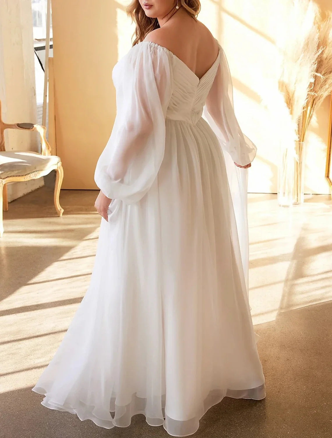 A-Line Off-Shoulder Chiffon Long Sleeve Pleated Floor-Length Wedding Gown - Chloe Dress