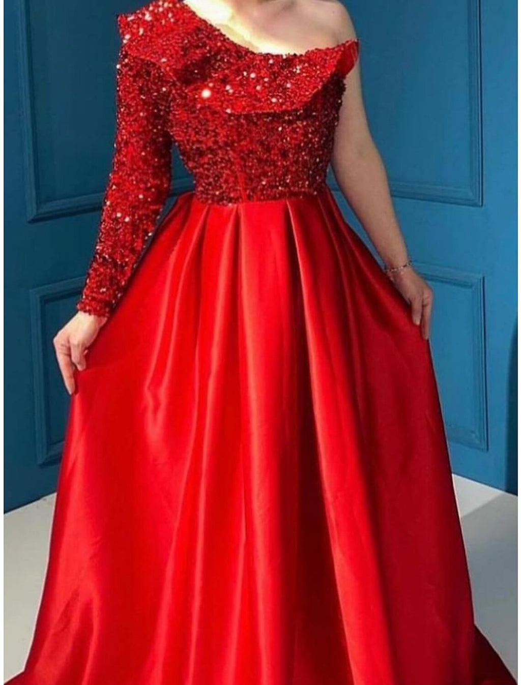Green A-Line One-Shoulder Sequin Long Sleeve Ruffled Evening Gown - Chloe Dress
