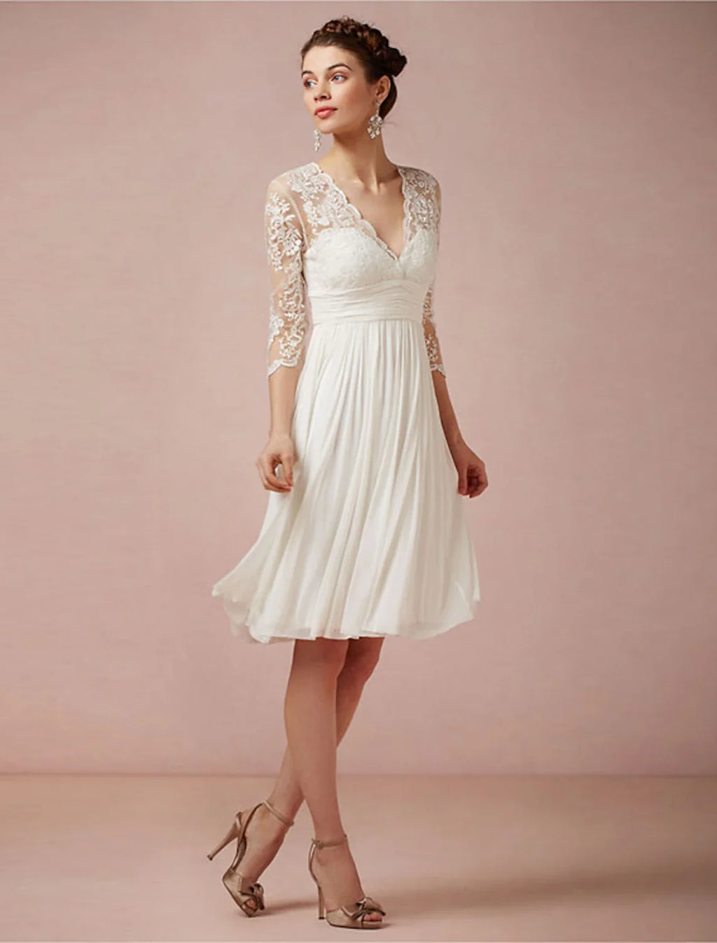 White A-Line V-Neck Chiffon Three-Quarter Sleeve Open Back Knee-Length Wedding Gown - Chloe Dress