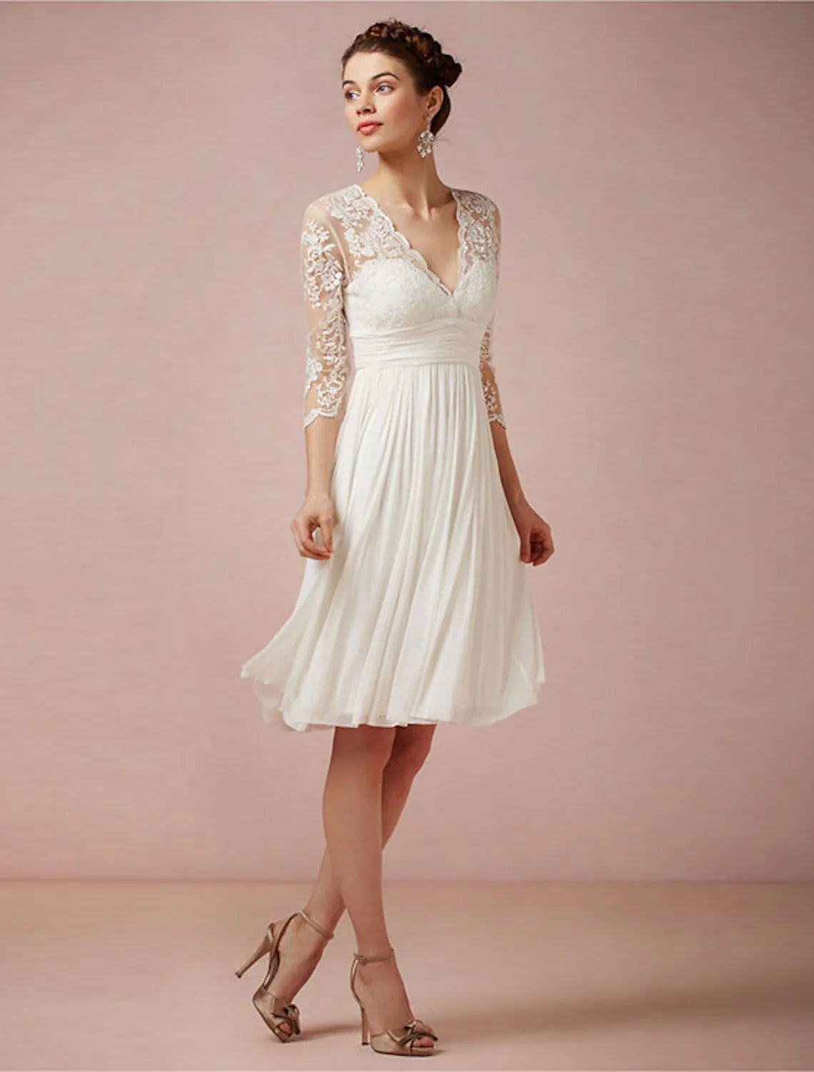 White A-Line V-Neck Chiffon Three-Quarter Sleeve Open Back Knee-Length Wedding Gown - Chloe Dress