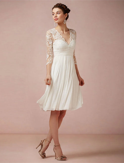 White A-Line V-Neck Chiffon Three-Quarter Sleeve Open Back Knee-Length Wedding Gown - Chloe Dress
