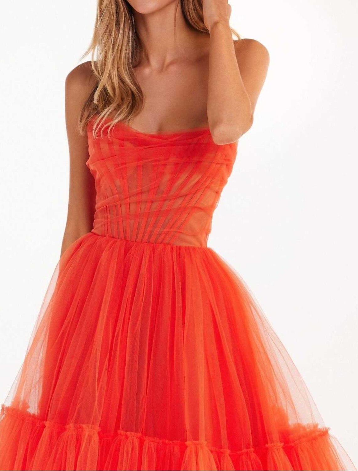 A-Line Strapless Tulle Sleeveless Lace-Up Back Pleated Knee-Length Wedding Dress - Chloe Dress