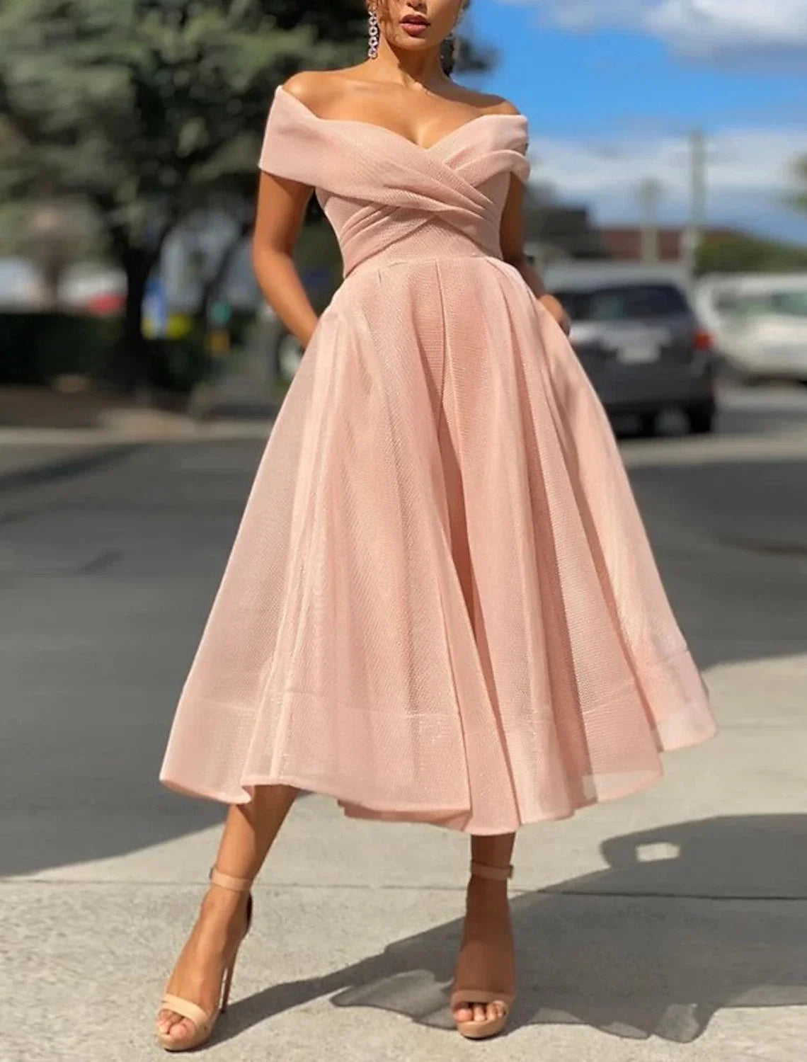 Green A-Line Off-Shoulder Tulle Sleeveless Pleated Tea-Length Wedding Dress - Chloe Dress